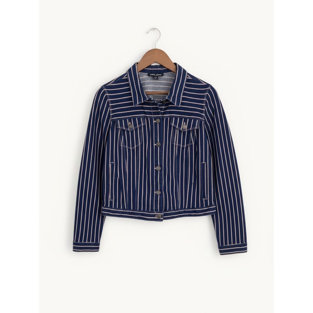 Nautica Jeans Womens Striped Denim Jacket Puff Shoulder Coastal Cropped Stripe L